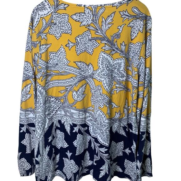 Talbots Tee Women's Size 2x Long Sleeve Yellow Navy Peasant Floral Artsy Stretch - Picture 2 of 6